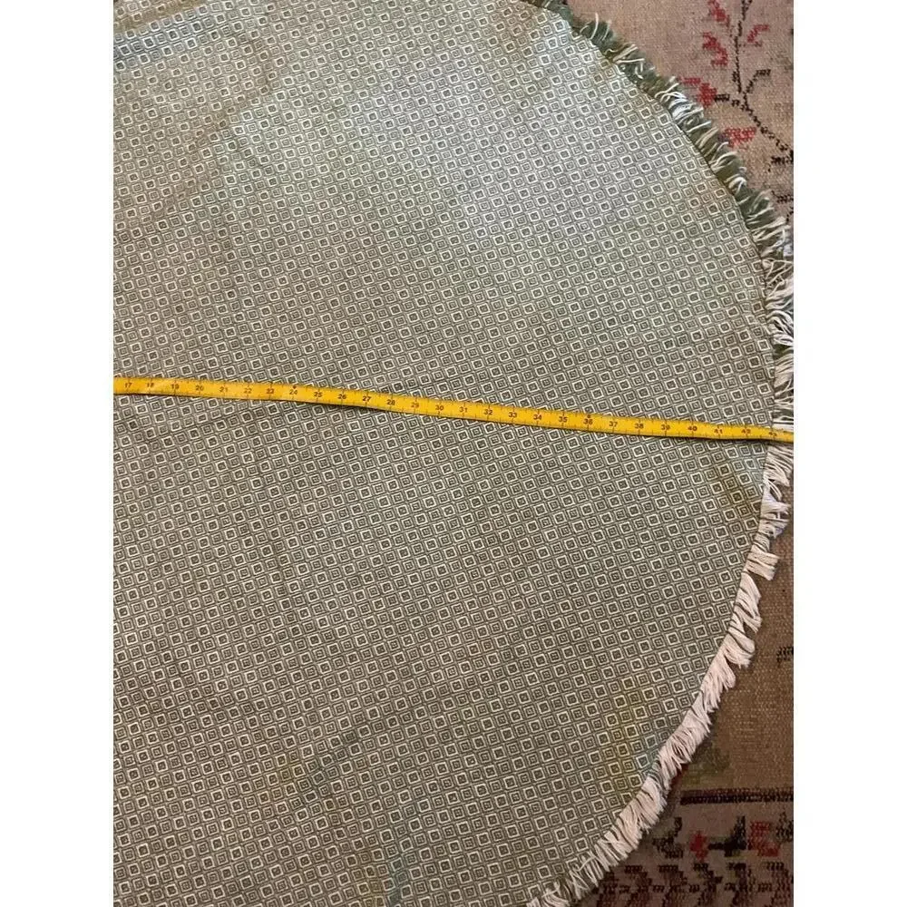 Round Green Woven Country  Colonial Geometric Patterned Tablecloth with Fringe